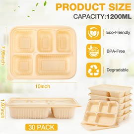 Havawish 30 Pack(60 Pcs) 5 Compartments Compostable Plates with Lids