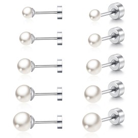 QKEPCY Pearl Earrings for Women Pearl Earrings Set Stainless Steel White Imitation Pearls Ball Elegant Earrings Hypoallergenic Stud Jewellery Earrings Pearls in Various Sizes, Stainless Steel