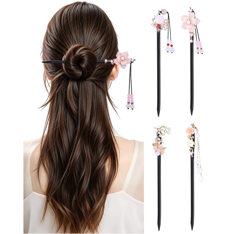 4 Pcs Chinese Hair Sticks for Women White Pink Flower
