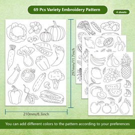 BENECREAT 4 Sheets 69Pcs Vegetable Fruit Water Soluble Embroidery Patterns, 11.7x8.3Inch Stick and Stitch Embroidery Paper Stabilizer for Hand Sewing Lover Beginners