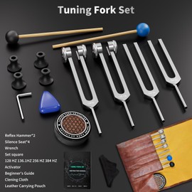 Tuning Forks for Healing Set - 128Hz, 136.1Hz, 256Hz, 384Hz, Weighted & Unweighted, Tuning Fork with Hockey Puck Activator & feet, Sound Therapy Chakra Balance for Yoga & Meditation in Leather Pouch