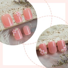 Square Press on Nails Short Fake Nails with Designs 3D Flower Stick on Nail Pink French Acrylic False Nail Glossy Artificial Nail Full Cover Glue on Nails for Women 24Pcs
