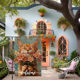 Welcome Summer Cat Garden Flag 12x18 Inch Double Sided Colorful Floral Small Burlap Home Yard Lawn Holiday Outdoor Garden Flags Decorations