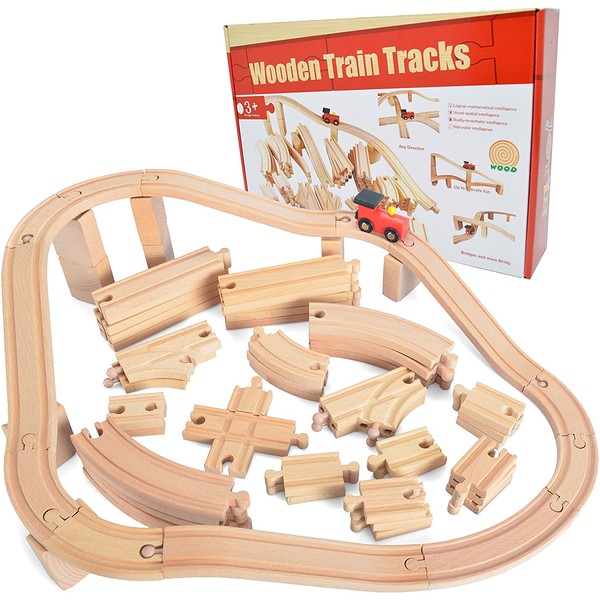 62 Pieces Wooden Train Track Expansion Set + 1 Bonus Toy Train -- NEW Version Compatible with All Major Brands Including Thomas Battery Operated Motorized Ones by Joyin Toy