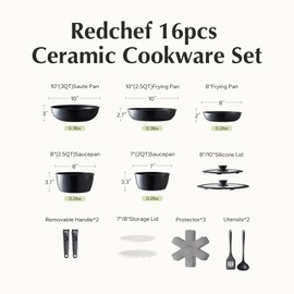 Redchef 16pcs Ceramic Pots and Pans Set Non Stick, Nonstick Kitchen Cookware Set with Detachable Handle, Non Toxic, PFAS PFOA & PTFE Free, RV Cookware Set for Camping, Dishwasher/Oven Safe (Black)