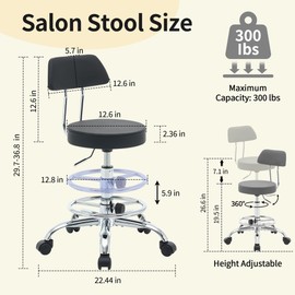 FIRAVOE Rolling Stool with Back,Adjustable Height Foot Rest Rolling Salon Chair 19.5’’-26.6’’,Black Ergonomic Stool (Black)