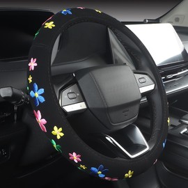 Embroidery Cute Steering Wheel Cover-Deluxe Floral Car Decor,Anti-Slip,Sweat Absorption,Universal 15 inch (floral1)