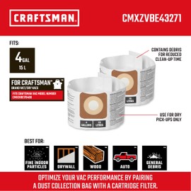 CRAFTSMAN CMXZVBE43271 Genuine Fine Dust Wet Dry Vac Dust Collection Bags for CRAFTSMAN CMXEVBE17040 4 Gallon Shop Vacuum, Collects Dry Fine Debris, Reduces Cleanup Time, 2-Pack