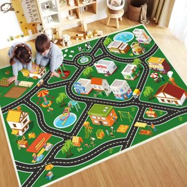Xuzrdaa Kids Carpet Darker Green Car Play Rug, 4'x6' Road Rug for Kids Playroom, City Life Educational Area Rugs with Non-Slip Backing, Great Ideal Gifts for Kids Bedroom