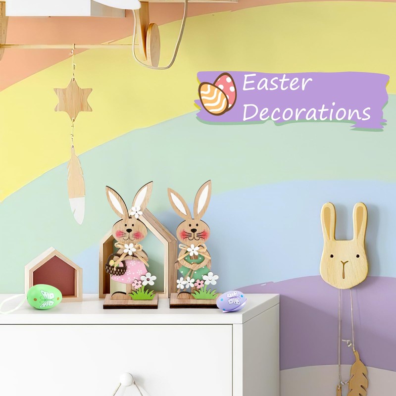COCHIE Easter Bunny Decorations, Stand up Wooden Bunnies Easter Table