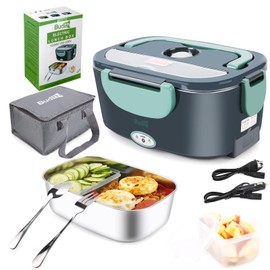 Budth Electric Lunch Box, Portable Food Warmer for Car, Truck, Office, 12V 24V 110V Adapter, Leak Proof, 304 Stainless Steel Container, SS fork & Spoon and Carry Bag (Green)
