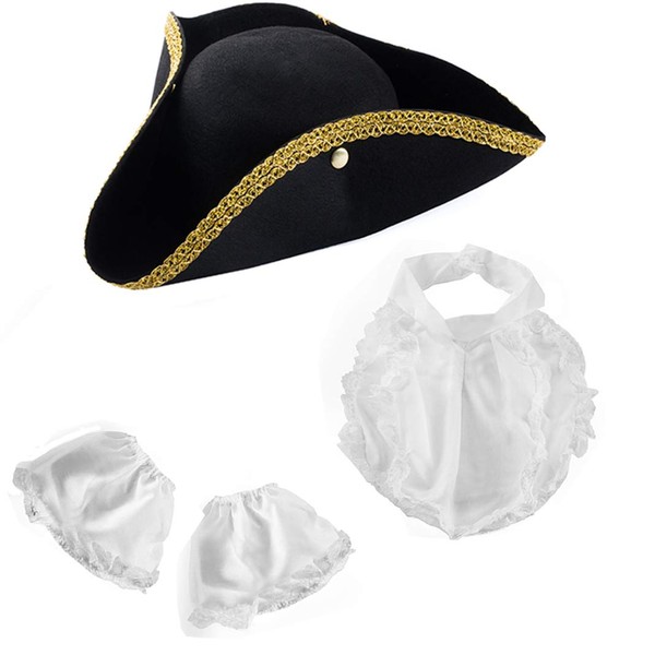 Funny Party Hats Colonial Costume - 3 Pc Set - Tricorn Hat with Colonial Jabot and Cuffs - Pirate Costume Accessories