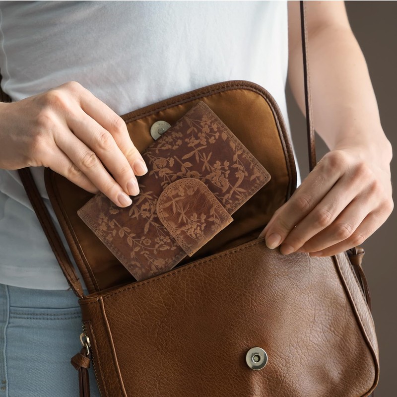 ekavale Ladies Floral Pattern RFID Protection Leather Multi Pocket Tri