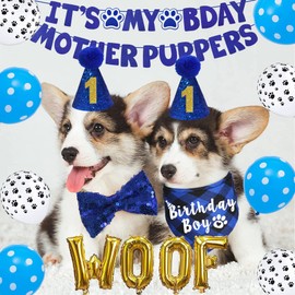 JOTFA Dog Birthday Decorations, Multi Sizes Dog Birthday Bandana Boy Dog Birthday Hat Numbers Bow Tie It’s My Bday Mother Puppers Sign Banner WOOF Balloons for Small Dogs (Blue, Small)