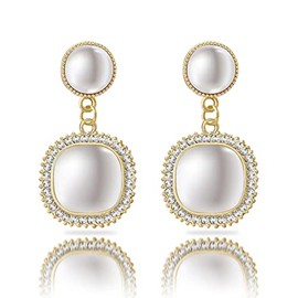 Pearl Earrings for Women Circular Pendant Pearl Drop Earrings Birthday banquet and Bar Mitzvah (Gold Framed Ruby)