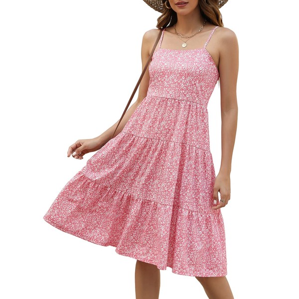 Berydress Women Summer Casual Spaghetti Strap Tiered Midi Dresses Floral