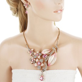 EVER FAITH Hibiscus Leaf Necklace Earrings Set Cubic Zirconia Crystal Pink Gold-Tone