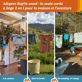 Rop'in Wood: Camping and Home Clothesline, 10 m, Weather-Resistant with Anti-knot System, 1 Bag, 10 Stainless Steel Clothes Pegs, 2 Tree Stands, Hooks for Attaching, Carabiner Hook, Made in France