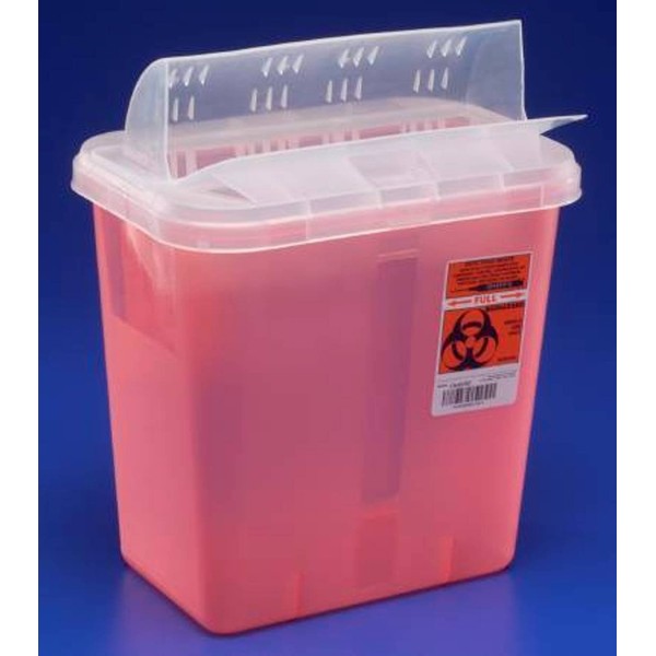 Kendall 89671 SharpSafety Sharps Biohazard Waste Container with Horizontal-Drop Opening Clear Lid, 2 Gallon Capacity, Transparent Red (Case of 20)