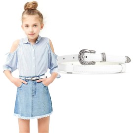 LEACOOLKEY Girls Leather Skinny Belt with Western Buckle for Dress Kids Adjustable Thin Waist Belt for Jeans