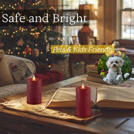 CozierGlow Flameless Pillar Candles Flickering with Remote Timer, Battery Operated LED 3D Moving Flame Real Wax Candles, Set of 2 (D3” x H5” & 6”), Glitter-Red.