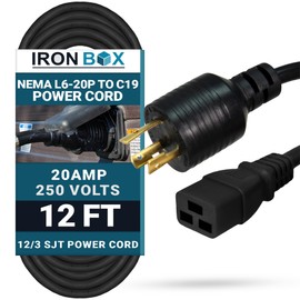 IronBox Electric NEMA L6-20P to C19 Power Cord - 20A, 250V, 12/3 SJT - UL Listed Power Cable Adapter - Heavy Duty Plug and Cord for Data Centers, PDU, High Powered Devices & More (12 ft, Molded)
