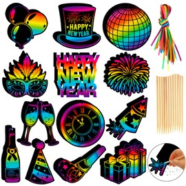 HOWAF 36pcs Happy New Year Scratch Art for Kids, New Years Eve Party Scratch Paper Fireworks Rainbow Scratch Paper, New Year Cards Gifts for New Year Party Accessories, New Years Eve Decorations 2025