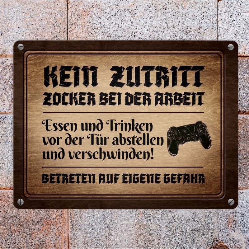 Gamer at Work Metal Sign in Wood Look with Controller