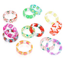 Yolev 12Pcs Cute Acrylic Resin Rings Set for Women Teen Girl Trendy Colorful Fruit Plastic Rings, resin, No Gemstone