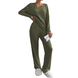 Famulily Pyjamas for Women Long Sleeve V-Neck Loungewear Leisure Suit Wide Leg Pyjamas Two Piece Set Outfit with Pockets, Army Green