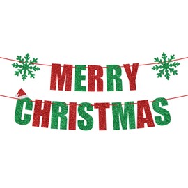 Red and Green Glitter Merry Christmas Banner, Feliz Navidad Banner Christmas Party Supplies, Indoor Christmas Party Decorations Supplies