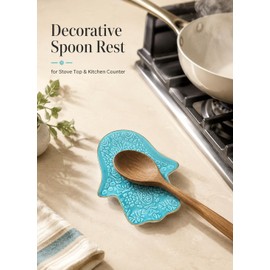Ceramic Spoon Rest for Stove Top and Kitchen Counter, Turquoise Hand Shaped Spoon Holder, Decorative Utensil Rest for Cooking, Hamsa Hand Trinket Dish and Jewelry Dish for Kitchen Decor