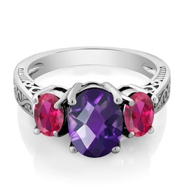 Gem Stone King 2.60 Ct Oval Checkerboard Amethyst Red Created Ruby 925 Sterling Silver 3-Stone Ring (Size 7)