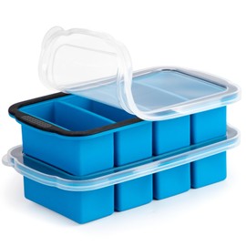 Aichoof 1 Cup Extra Large Silicone Cube Freezing Trays with Silicone lid for soup saver, Silicone Freezer Container for broth,sauce or butter -makes 4 great portions 1cup ice Cube(2 PACK, Blue)