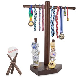 ASTROLIN Baseball Ring & Drip Necklace Holder, Wooden Baseball or Softball Ring Display Holder with Baseball Stand, Baseball Accessories Decor, Men Gift for Baseball Players and Lovers