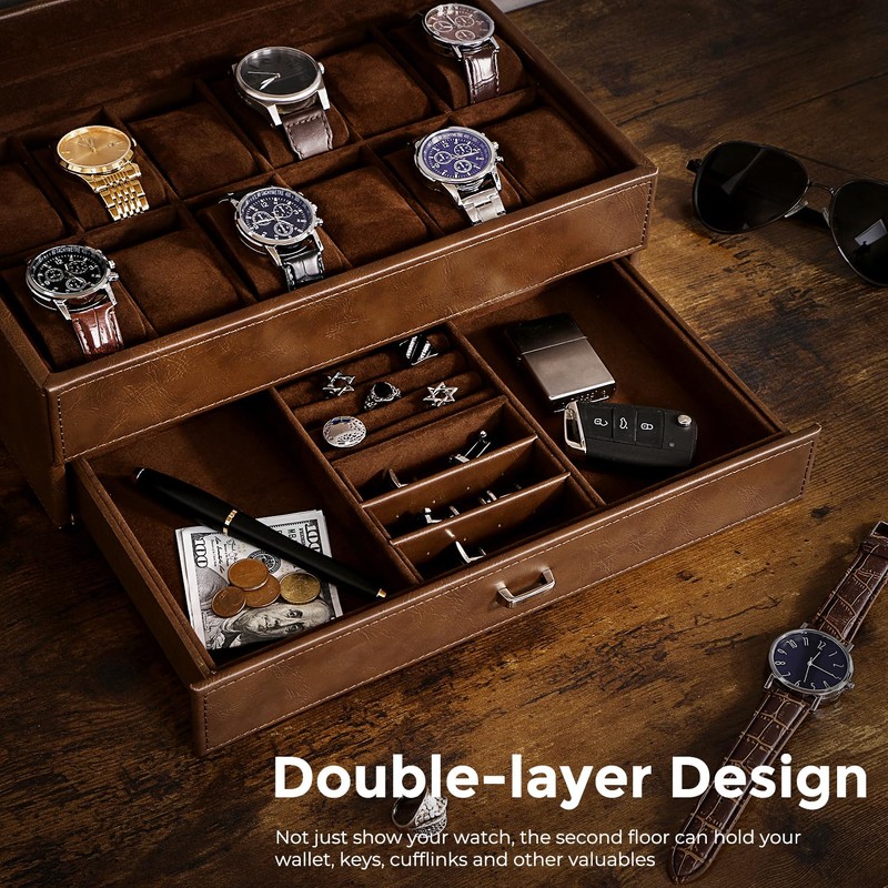 BEWISHOME Watch Box for Men, 12-Slot Watch Case, 2-Layer Watch