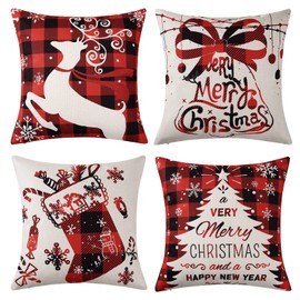 CAROMIO 4 Pack Christmas Cushion Covers Throw Pillow Cover for Sofa Xmas Room Decorations 18 x 18 Cotton Linen Red Decorative Christmas Square Pillowcase Christmas Socks Deer and Tree Red