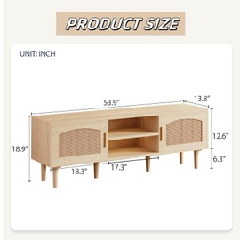 FONTOI TV Stand, Modern Television Stand for 50/55/60 inch TV, Fluted Entertainment Center with 2 Rattan Doors, TV Cabinet with Wood Legs & Golden Handles, Media Console for Living Room, Natural Wood