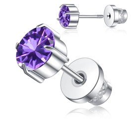 Titanium Stud Earrings for Women Men, Hypoallergenic Double Side 5A Cubic Zirconia Flat Back Earrings Birthstone Stud Jewelry 6mm (Amethyst/Feb. means Honesty)
