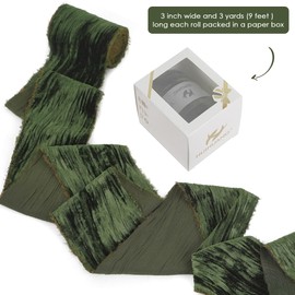 HUIHUANG Moss Green Velvet Ribbon 3 inch Moss Frayed Velvet Ribbon Crinkled Raw Edge Ribbon for Wreaths, Christmas Decor, Flower Bouquet, Gift Wrapping, Bows Making, Wedding Bridal Shower Decor