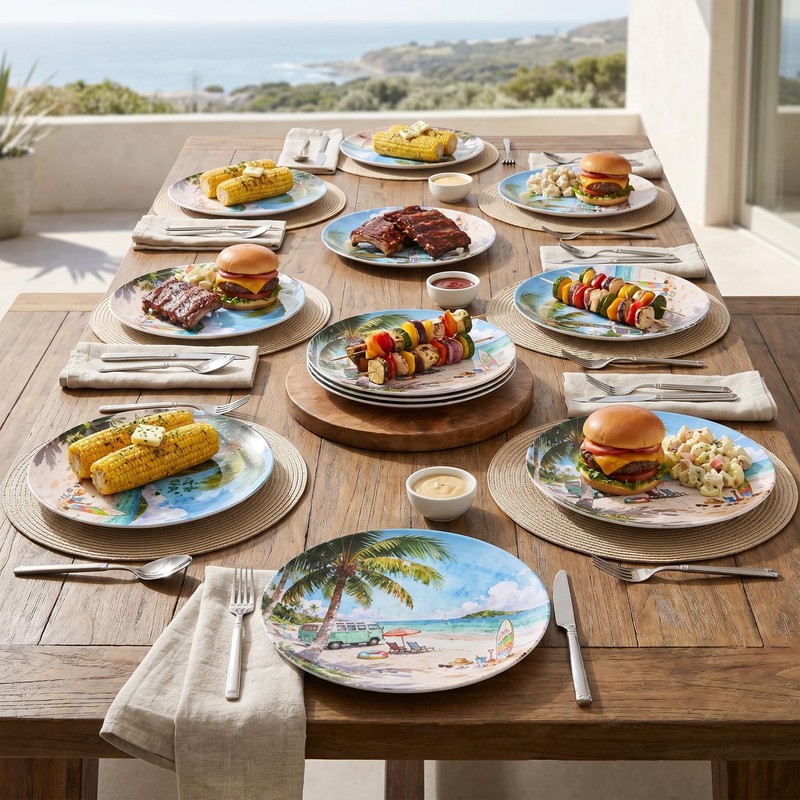 molidiki 12-Piece Melamine Dinner Plates, 10.5" Beach Coastal, BPA-Free.