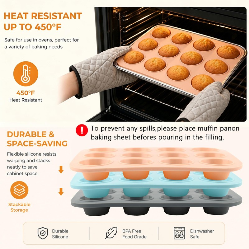3‑Pack 12‑Cup Mini Silicone Muffin Pan, Non‑Stick Mini Cupcake Baking