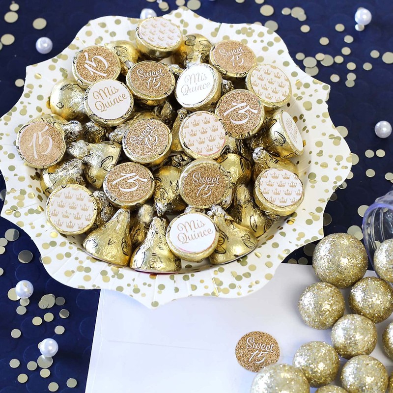White and Gold Quinceañera Chocolate Kisses Party Favor Stickers, Mis