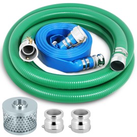 Picatu Heavy Duty 2" x 50' Blue PVC Discharge Hose & 2" x 20' Green PVC Suction Hose Pump Kit, Backwash Hose with Aluminum Camlock Fittings, Steel Round Strainer, Cam & Groove Adapter