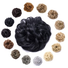 Hairro Messy Hair Bun Hair Piece For Women Hair Updo Wavy Scrunchies Synthetic Elastic Donut Thick Stretchy Wedding Bridal Chignons Highlight Easy Bun Hairpiece 1pcs 40g #1 Dark Black