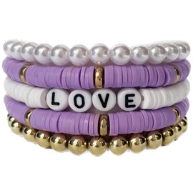 Clataly 5Pcs Colorful Soft Pottery Bracelets Letter LOVE Bracelets Stackable Elastic Beaded Bracelets Jewelry for Women Girls (Purple)