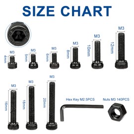 NINDEJIN Metric M3 Hex Socket Head Cap Screws, Allen Socket Drive M3 x 4mm/ 5mm / 6mm/ 8mm/ 10mm/ 12mm/ 16mm/ 18mm/ 20mm Carbon Steel Screw Bolt and Nut Assortment Kit with Wrench Key (Machine Screws)