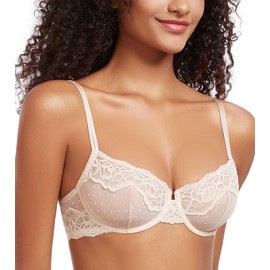 DotVol Women's Large Sizes Transparent Underwired Unlined Balconette Bra Lace Bra, beige