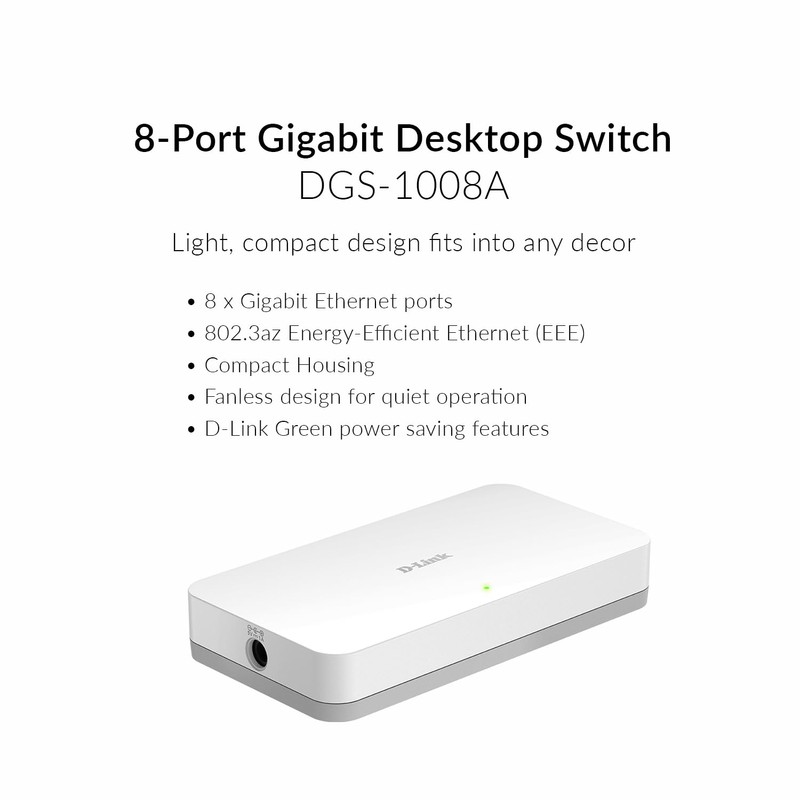 D-Link DGS-1008A 8-Port Gigabit Ethernet Switch, Compact Desktop Housing, Energy-Efficient,