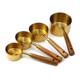 Mewutal 4 Piece Stainless Steel Measuring Cups with Wooden Handle, Measuring Cup Sets for Measuring Dry and Liquid Ingredients (4 Sizes - Gold)